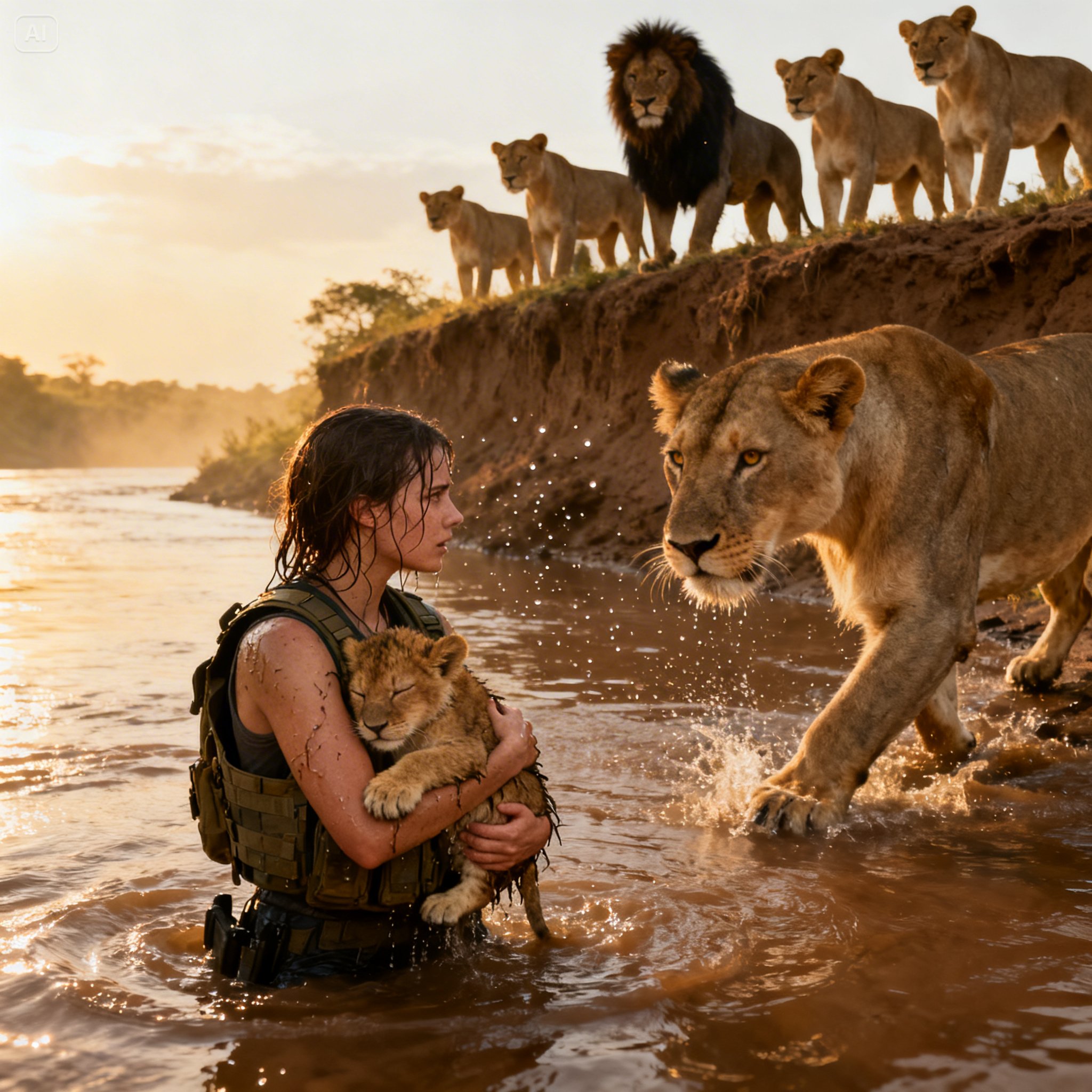 The largest lioness took a step into the river toward me while I remained chest-deep in the water, clutching her cub against my body.
