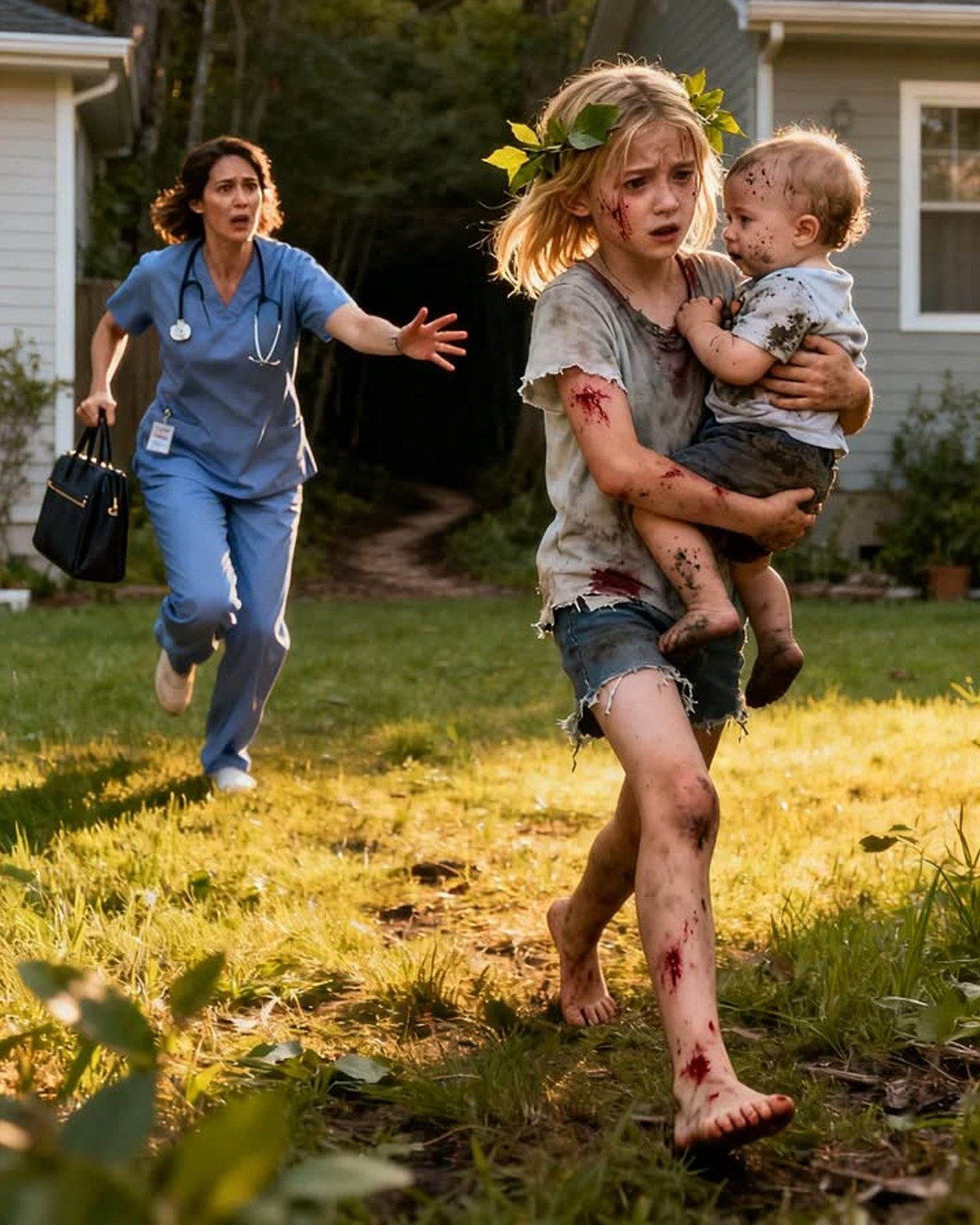 As soon as I got home from work, I saw my seven-year-old daughter coming out of the woods behind our house alone, carrying her baby brother in her arms. Her arms were covered in cuts, her clothes were in tatters, and her feet were bare, leaving small bloody footprints on the grass. Even so, she wouldn’t let him go.