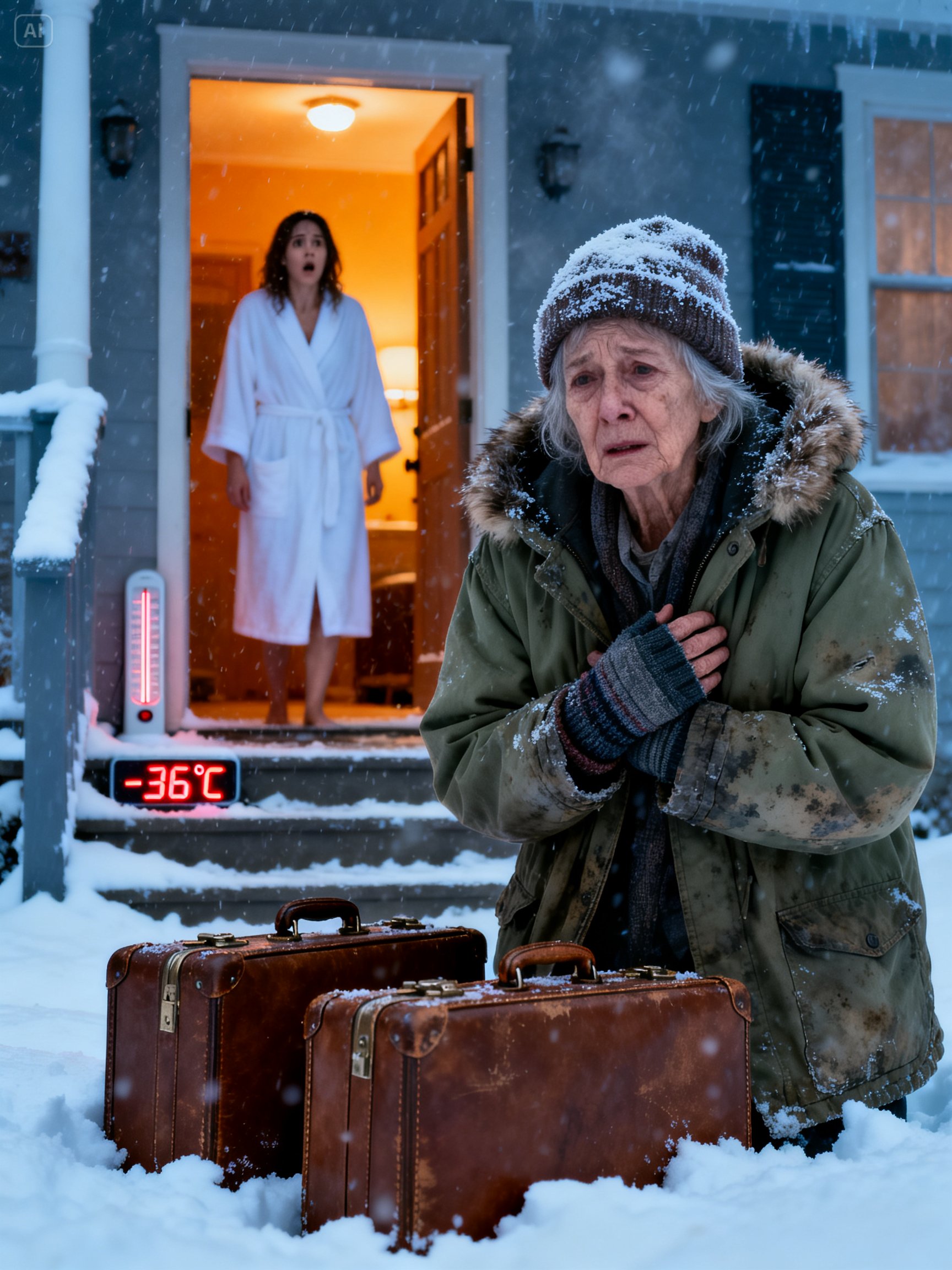 I opened my door at 5:30 a.m. in -38°F, and there she was—my 78-year-old grandma, shaking beside two suitcases while my parents’ SUV disappeared into the dark. “Sorry to bother you, sweetheart,” she whispered. I should’ve broken down. Instead, I made one call. Two weeks later, they were outside my house screaming, “Open this door right now!” They thought dumping her was the end of it. They were wrong.