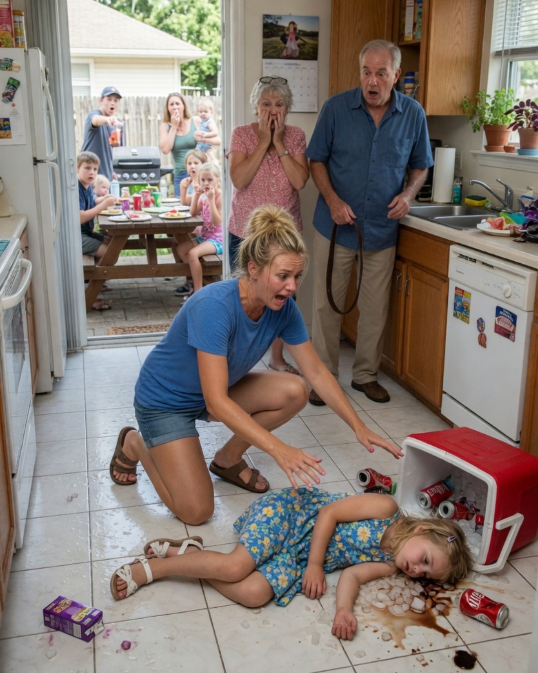 “MY FATHER TOOK OFF HIS BELT AND ATTACKED MY THREE-YEAR-OLD DAUGHTER AT HER OWN BIRTHDAY PARTY, AND WHEN HER HEAD HIT THE KITCHEN TILE WITH SUCH FORCE THAT THE SOUND CUT THROUGH THE BACKYARD MUSIC, MY MOTHER DIDN’T SCREAM, DIDN’T RUN, OR EVEN ASK IF LILY WAS BREATHING; SHE SIMPLY LOOKED AT THE BLOOD ON MY HANDS, GLANCED AT THE GUESTS STARRING THROUGH THE OPEN DOOR, AND SAID MY BABY ‘DESERVED IT’ FOR BEING RUDE… BUT AS MY HUSBAND CALLED 911, AS PHONES BEGAN RECORDING, AND AS MY FATHER STOOD THERE STILL CLUTCHING THE BELT IN HIS HAND, THEY HAD NO IDEA THAT THE SMALL FAMILY SECRET THEY HAD HIDDEN FOR YEARS WAS ABOUT TO CRUMBLE IN FRONT OF EVERYONE…”