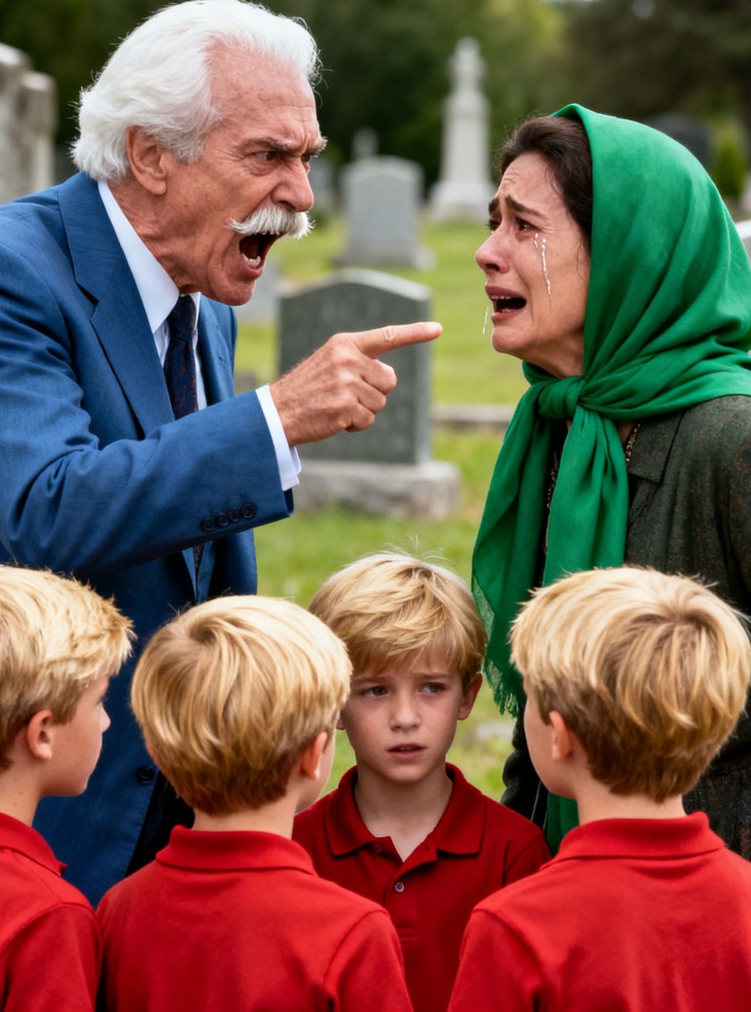 Upon finding a young woman kneeling before his son’s headstone, the tycoon shouts,