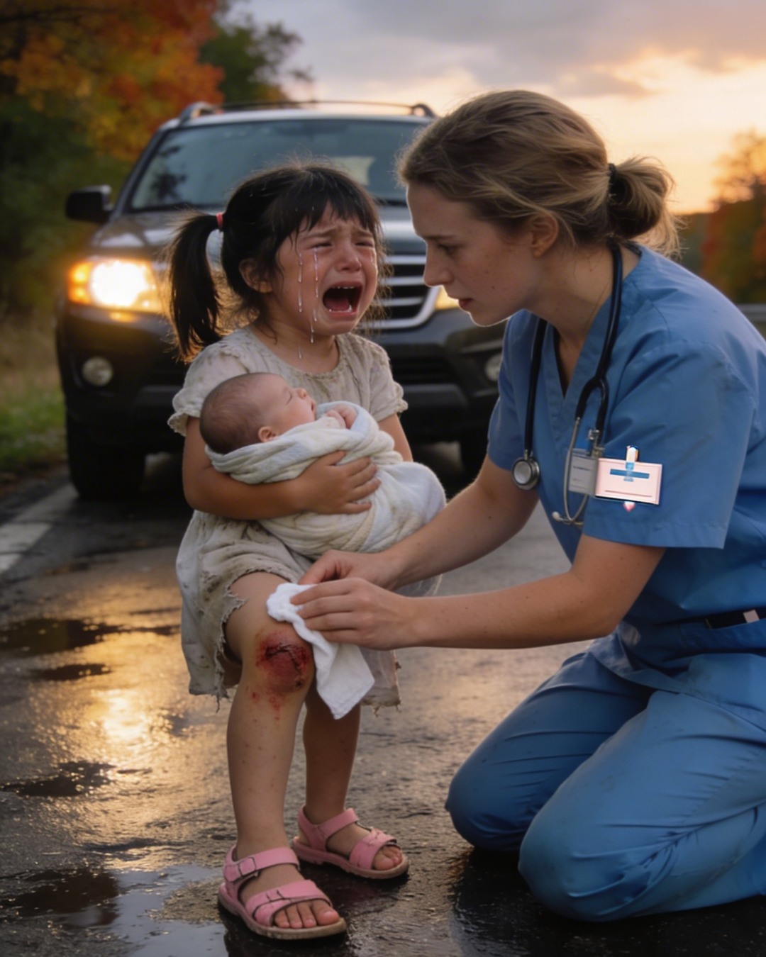 “I found my six-year-old daughter wandering alone on Route 9, carrying my baby,” I whispered after clocking out at 6:47 PM. Her pink Velcro shoe was barely fastened, her expression was vacant, and my infant son was wrapped in a kitchen towel, crying so hard he could barely catch his breath.