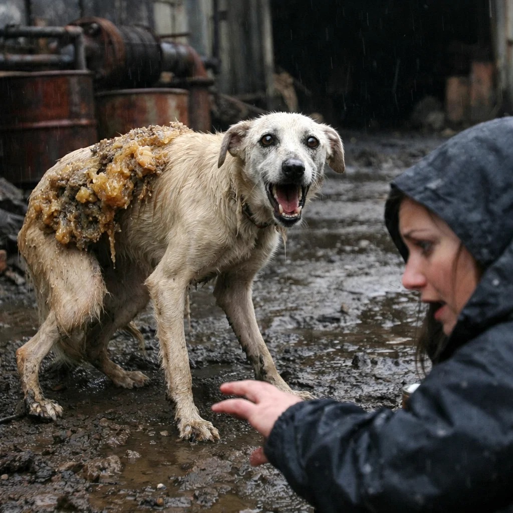 They thought the stray dog’s back had turned to stone after years inside the abandoned chemical plant… until a rescuer got close enough to hear her cry and realized she was still fighting to survive.
