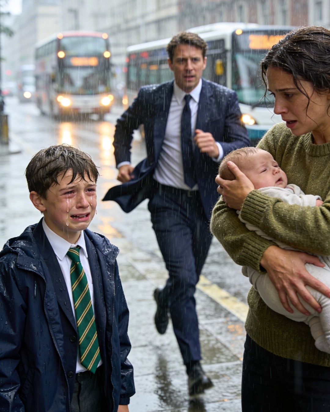 A POOR MOTHER EMBRACED A BOY CRYING IN THE RAIN WHILE CARRYING HER OWN BABY, NOT KNOWING HIS BILLIONAIRE FATHER WAS WATCHING EVERYTHING.