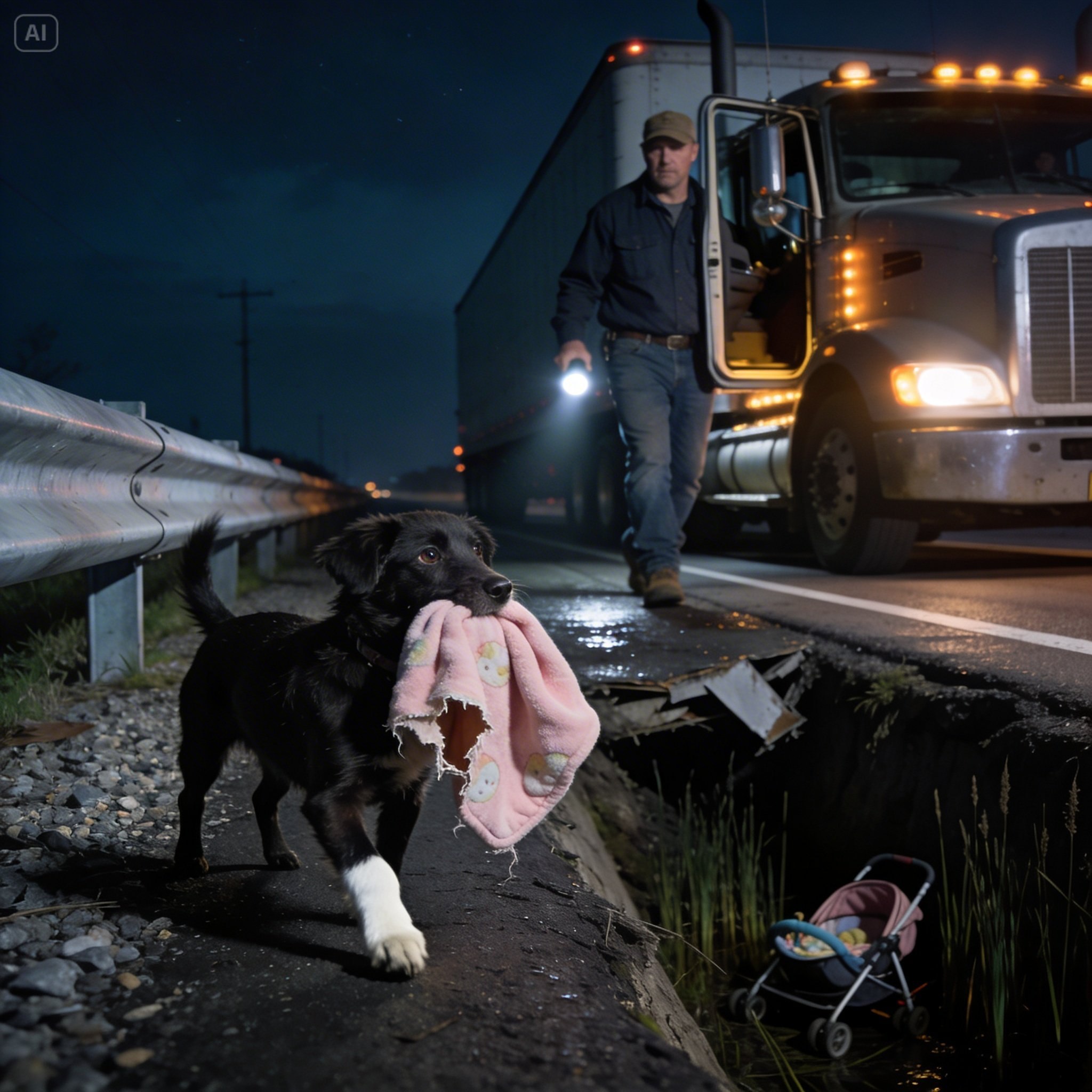 The little dog dragged a torn baby blanket to the shoulder of the highway every night… until a truck driver stopped and discovered who he was trying to lead them to, hidden in the ditch.