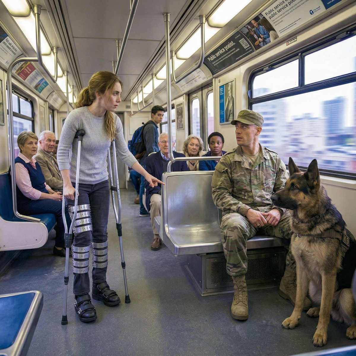 “Is this seat taken?” A young woman with a disability sat down next to a Navy SEAL — and his dog instantly went into guard mode.