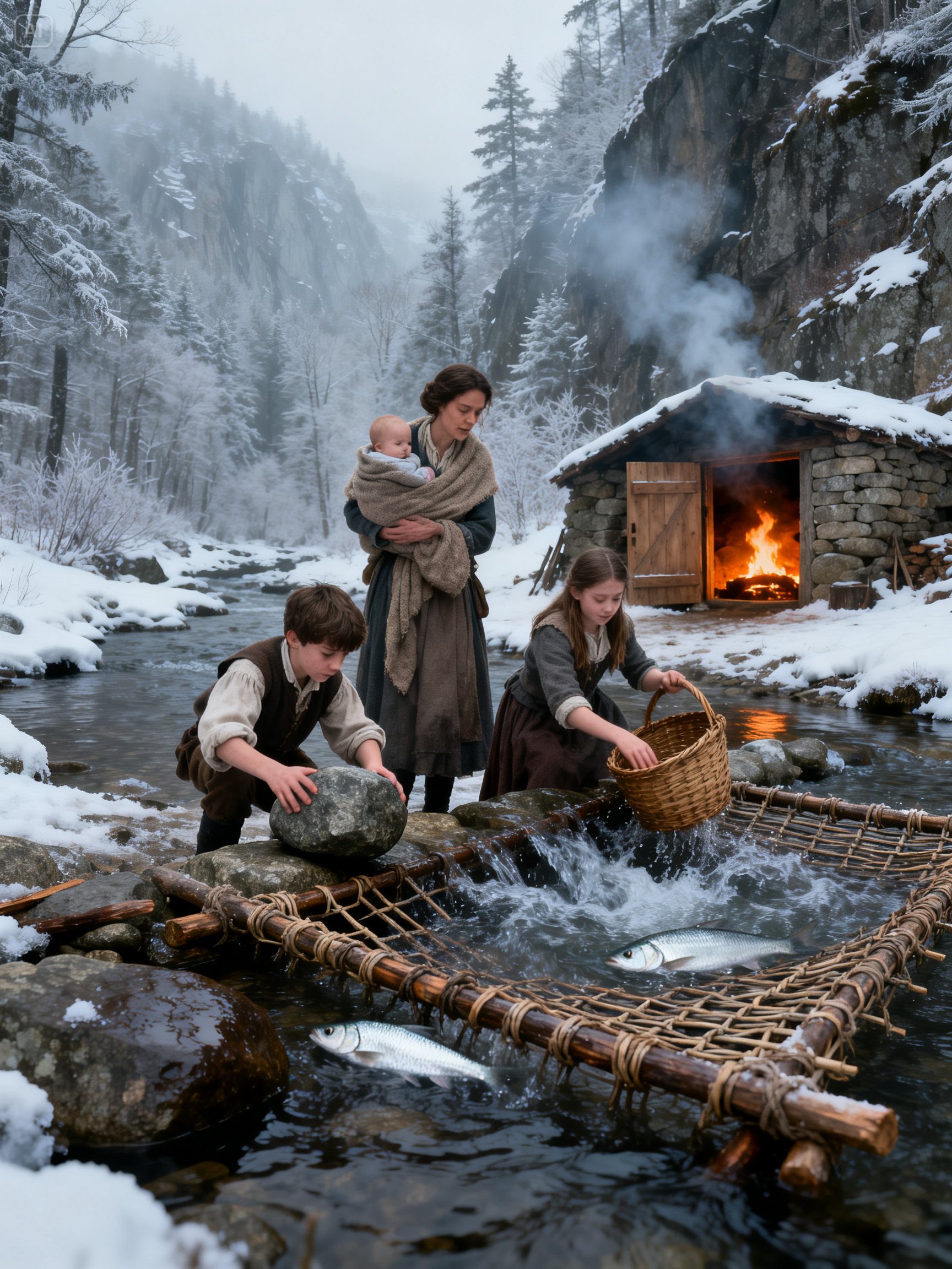 THEY TOOK HER TO A HOUSE AND LEFT HER WITH TWO CHILDREN; SHE BUILT A FISH DAM AND A CAVE TO SURVIVE.