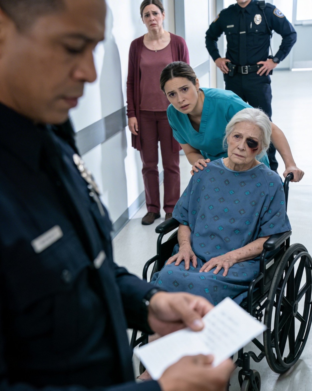 When the doctor asked about the bruises on my body, my daughter quickly replied, “She’s clumsy… she falls all the time.” I said nothing… but when the nurse returned alone, I slipped her a small, folded note.