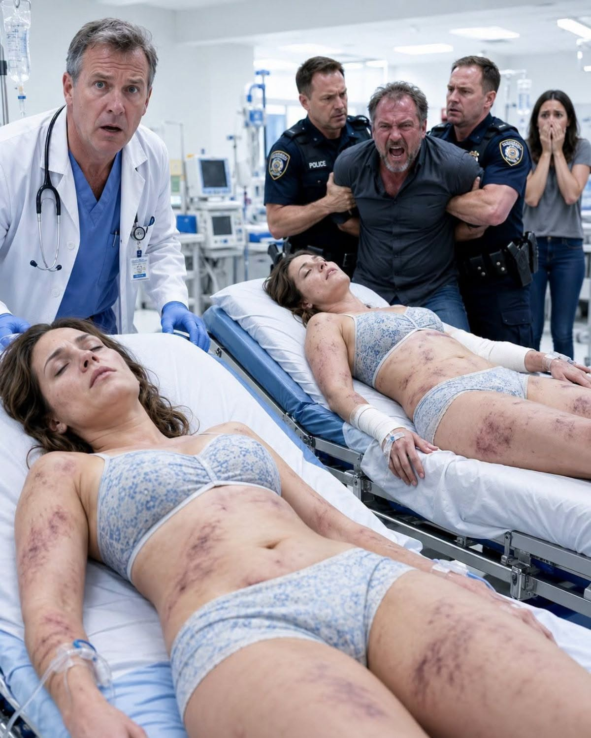 My stepfather used to beat my twin sister and me every day, because watching us live in fear gave him pleasure. One night, after leaving us unconscious, he dragged us to the emergency room while my mother whispered repeatedly: “They fell down the stairs.” But the doctor saw the identical bruises on our bodies, locked the cubicle door, and ordered the security guard: “Call 911. Right now.”